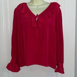 Vtg 80s/90s Saint Laurent maroon silk blouse‎ with ruffled neck & cuffs